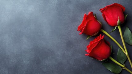 Artistic Display Of Three Red Roses On Gray Surface