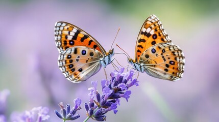 Obraz premium Two butterflies resting on lavender sprig in sunny purple field