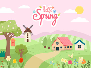 Naklejka premium Scene spring seasonal illustration landscape with green field, cute houses, mill and trees with flowers. Spring lettering cute, vector