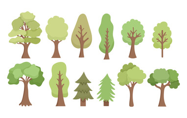 Set of different green trees, vector illustration. Different trees for landscape projects