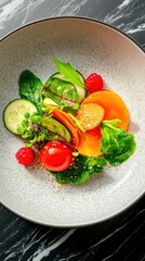 Colorful bitesized salad snacks stylish plate food minimalistic setting overhead view natural light