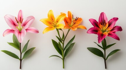 Three Colorful Lilies on White Background