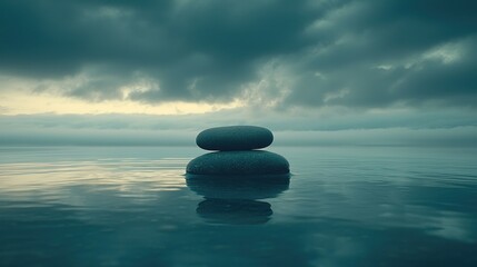 Calm stones, tranquil lake, stormy sky, zen peace