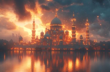 Naklejka premium Illuminated Fantasy Cityscape with Domed Buildings at Sunset, Reflected in Water