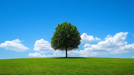 Solitary tree on a green hill under a blue sky with fluffy clouds.