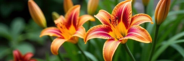 Obraz premium Red and yellow striped lily in a container garden, container garden, nature