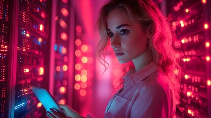 data center engineer with digital lines. a female engineer with a confident expression, holding a laptop and working at server racks. data flow and cloud computing