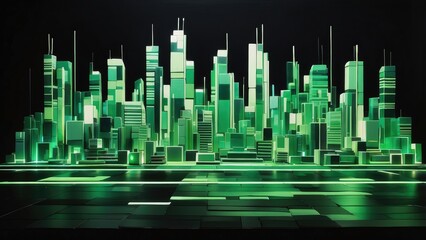 A vibrant, abstract representation of a cityscape made up of illuminated geometric blocks.