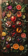 Naklejka premium Artisan craft cocktails displayed on rustic bar with vibrant garnishes warm lighting overhead angle closeup view