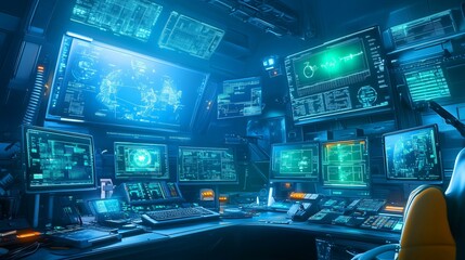 High-tech control room filled with multiple screens and monitors