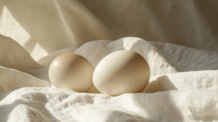 Two Speckled Eggs on White Linen Fabric