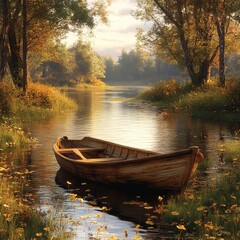 Obraz premium Serene Beauty: Tranquil Pond with Wooden Rowboat