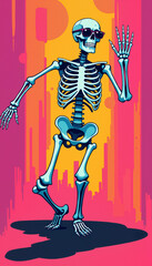 Skeleton with sunglasses waving in a vibrant and colorful abstract background, skeleton dance