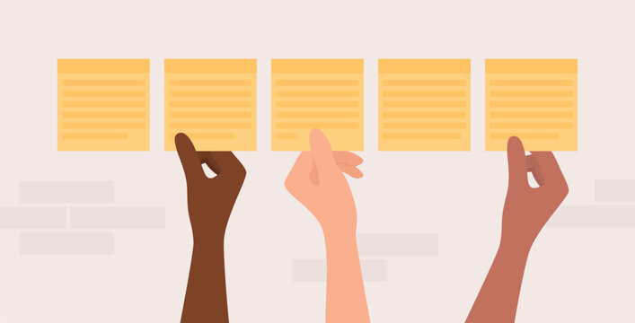 Hands of people of different nationalities and skin tones sticking or removing a yellow notes from the wall. Flat vector illustration