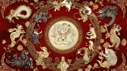 A traditional Chinese Zodiac chart with detailed animal illustrations in gold and red, symbolizing good fortune for the New Year