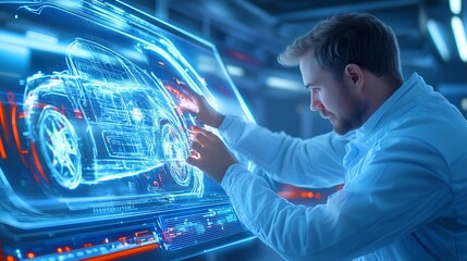Engineer interacts with holographic car design in lab