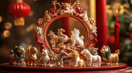 Obraz premium An elegant display of the 12 Chinese Zodiac animals arranged in a circle for the New Year celebration