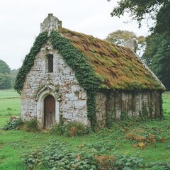 Obraz premium Tranquil Stone Chapel in a Picturesque Rural Setting with Thatched Roof and Historic Charm