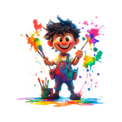 Fluffy 3D Cartoon Artist with Glowing Paintbrushes Isolated on Transparent Background