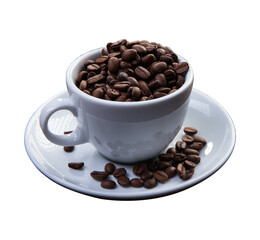 A cup of coffee beans on a pitcher and some coffee beans scattered on the pitcher