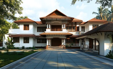 Modern-style house in Kerala with a double story, front view.