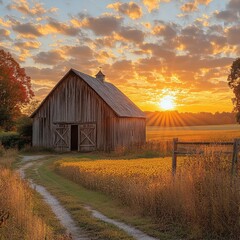Obraz premium Rustic Charm: Weathered Wooden Barn Amidst Vast Farmland Beauty and Serenity