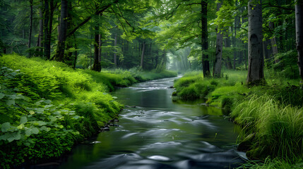 Obraz premium Serene Snapshot of a Picturesque Narrow River Meandering through an Unspoiled Green Forest
