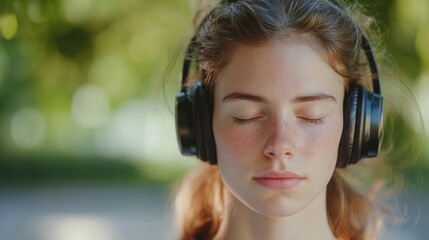 Young woman wearing headphones and enjoying her favorite tunes