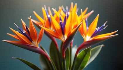 Vibrant bird of paradise flowers against blurred teal background