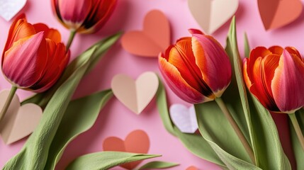 Obraz premium A bouquet of bright tulips against a soft pink background