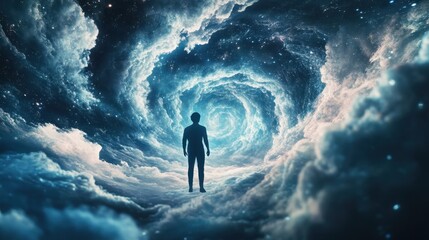Silhouette of a man walking on clouds toward swirling blue and white galaxy vortex in space representing concepts of spirituality, self discovery, new dimension, and hope