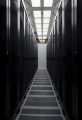 Fototapeta premium Closeup of the rear of a data center, mindfulness theme, with white tones