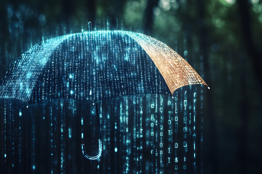 Futuristic umbrella shielding against falling digital rain of binary code in a forest, symbolizing cybersecurity, innovation, data protection, and advanced technology concepts