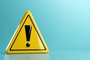 Three-dimensional road sign yellow triangle with black border and black exclamation mark in the middle.