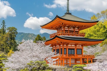 Obraz premium Orange pagoda amidst cherry blossoms and mountains
