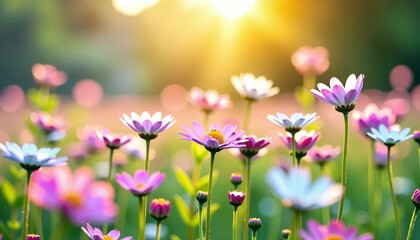Fototapeta premium Daisy Field Sunset_ Purple and White Blooms, Golden Hour Light