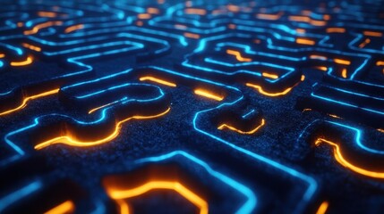 Complex network of glowing blue and orange circuits creating a futuristic technological pattern on a dark textured surface, suggesting advanced computing and data flow