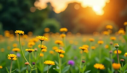 Obraz premium Golden Daisies Sunset Field, Floral Nature Beauty, Summer Blooms
