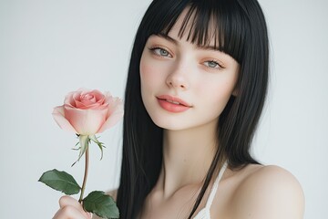 Naklejka premium Beautiful young woman with straight black hair, bangs, and twin pigtails holding a white rose