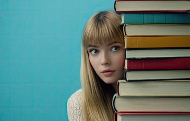 A beautiful young woman with straight blonde hair is peeking from behind a large stack of books.