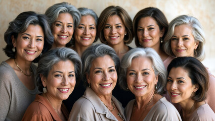 group of smiling confident multi ethnic happy women in menopause age, multiracial friendship of women of mature age