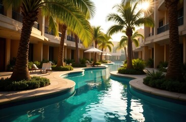 Fototapeta premium The river pool at the hotel at sunset. Beautiful tourist picture. Travel agency advertising