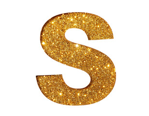 Letter s in gold glitter isolated on a white background, cut out