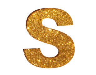 Letter s in gold glitter isolated on a white background, cut out