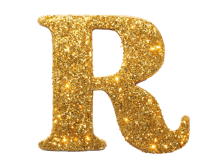 Letter r in gold glitter isolated on a white background, cut out