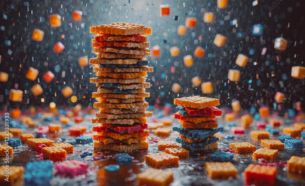 Aufkleber A stack of colorful cookies is piled on top of each other, with a pile of crumbs scattered around them. The image has a playful and whimsical mood, as if the cookies are having a party or celebration