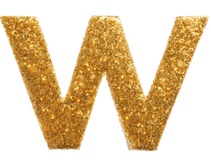 Letter w in gold glitter isolated on a white background, cut out