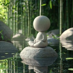 Fototapeta premium 3D icon cartoon of meditating on a rock in a tranquil bamboo forest, peaceful and Zen-inspired setting 