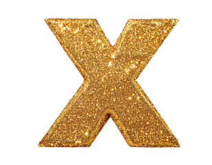 Letter x in gold glitter isolated on a white background, cut out