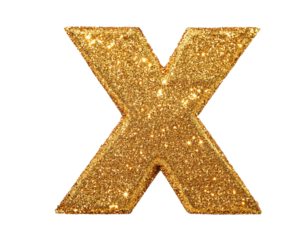 Letter x in gold glitter isolated on a white background, cut out